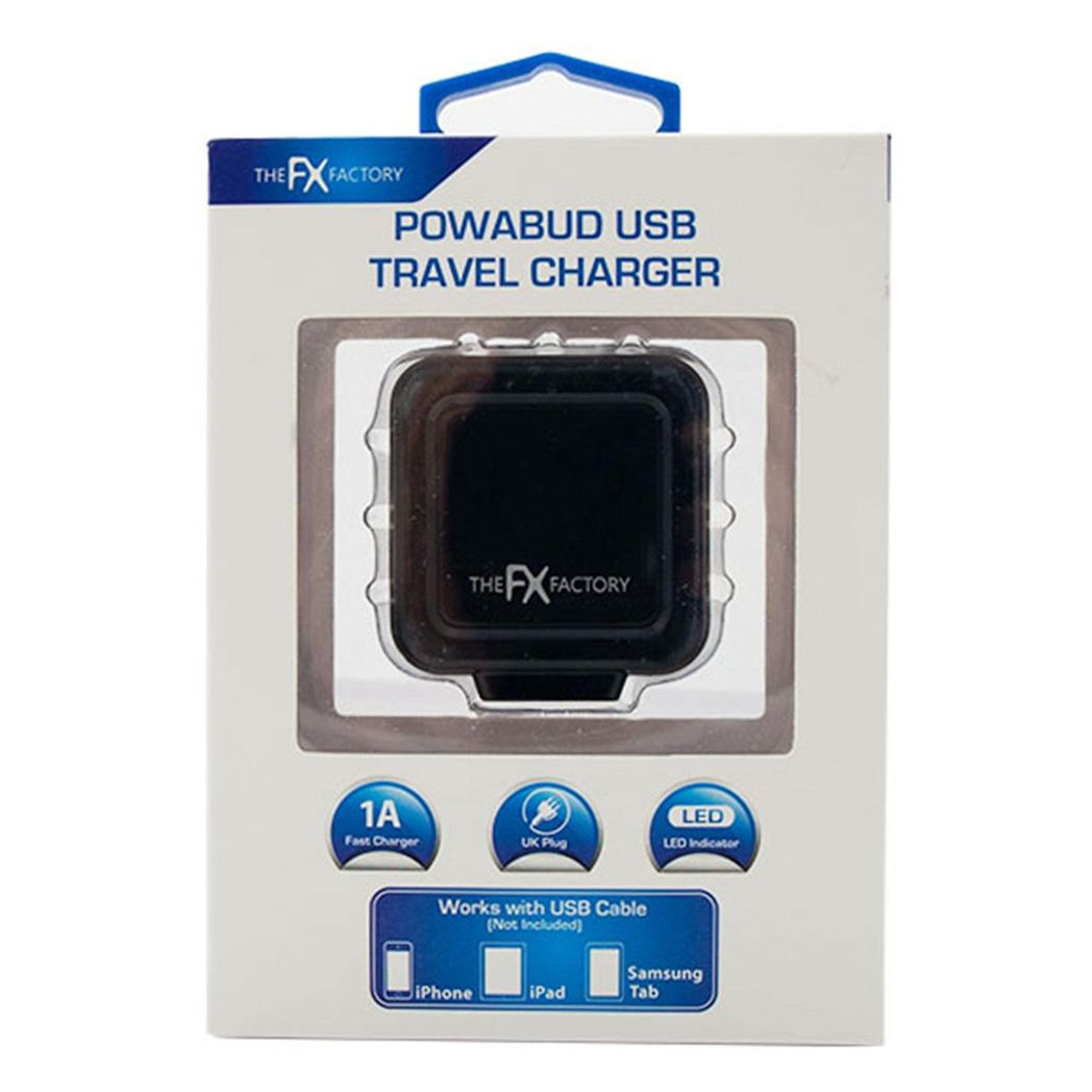FX Powabud Mains USB Charger 1A – Compact Travel Charger for Phones, Tablets & Micro USB Devices, Black