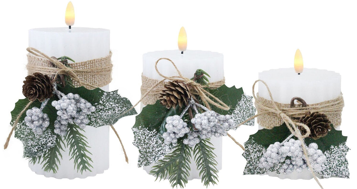 Set of 3 Winter Themed LED Candles with Hemp Wrap, Faux Greenery & Silver Berries