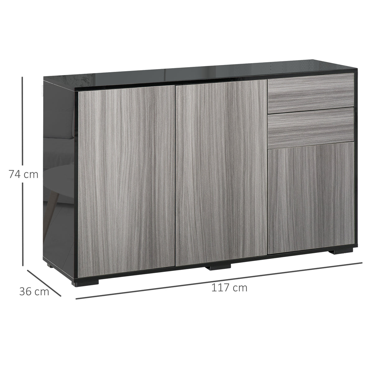 Gloss & Matte Side Cabinet with 2 Doors & 2 Drawers – Home Office Storage, Grey & Black