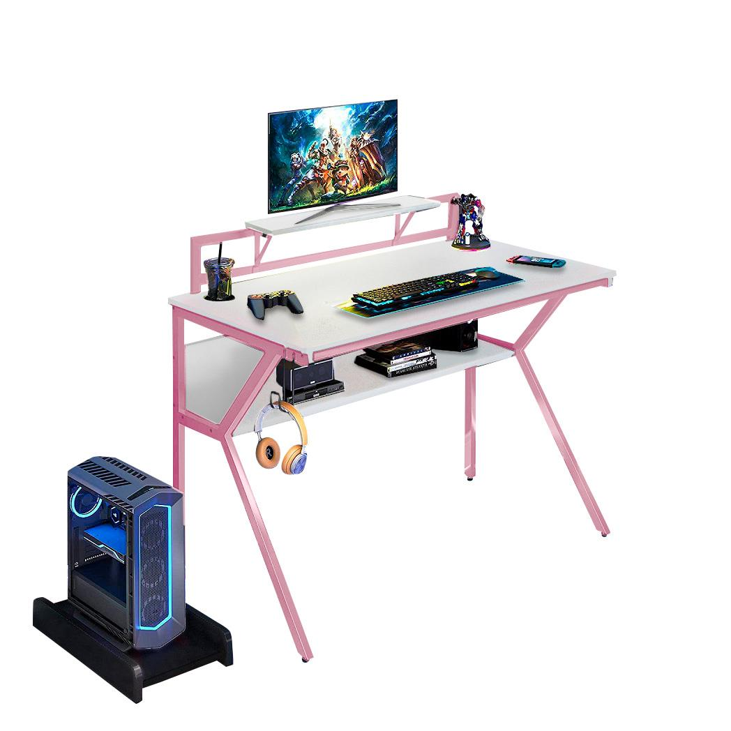 Neo 2-Tier Gaming Computer Desk with Monitor Shelf, Headphone Hooks & Carbon Fibre Texture Top – Pink