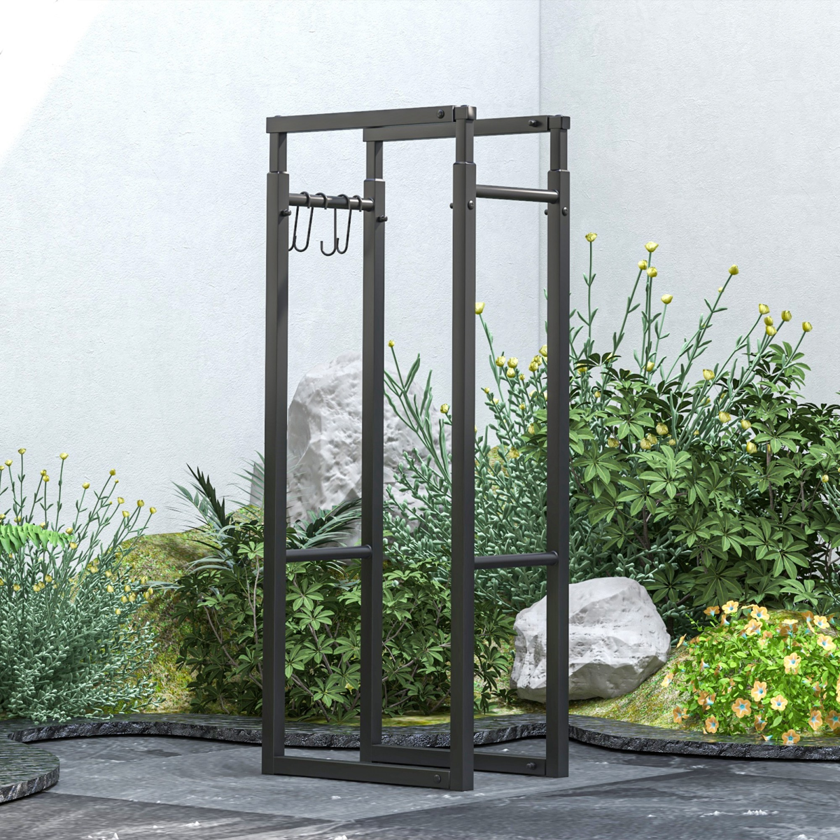 Outsunny Retractable Metal Firewood Log Holder Rack with Hooks, 100–150cm Adjustable – Black