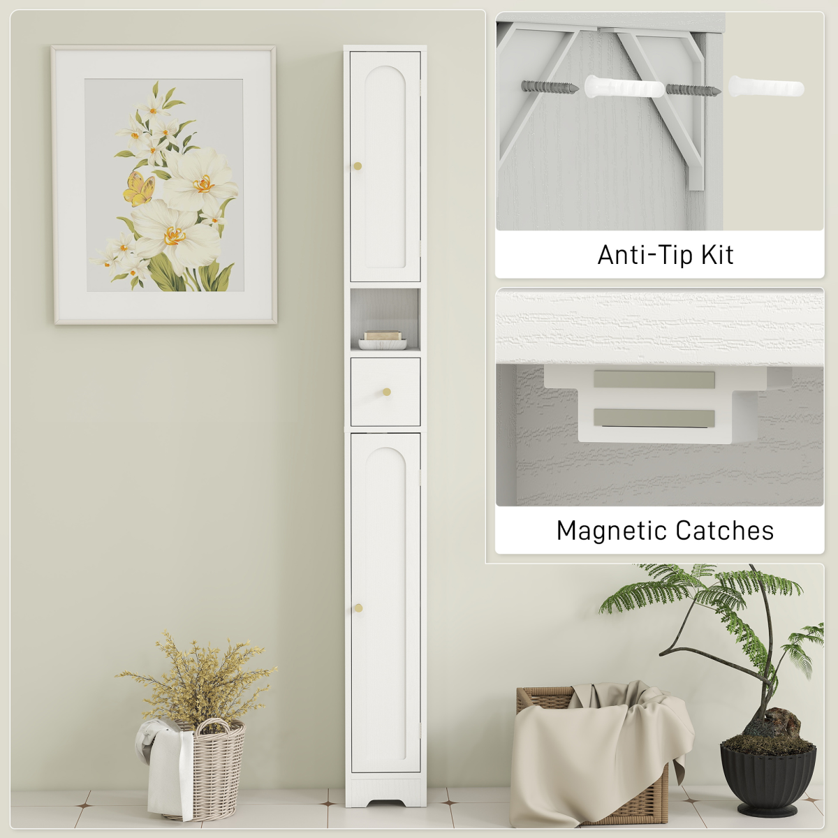 HOMCOM 20cm Slim Bathroom Storage Cabinet with Arched Doors, Drawer & Adjustable Shelves, White