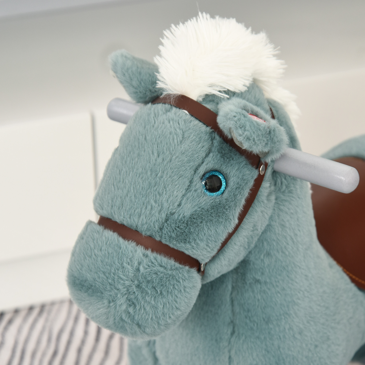 Kids Plush Rocking Horse with Animal Sounds and Free Bear Toy, Wooden Base – Blue, 3 Years+