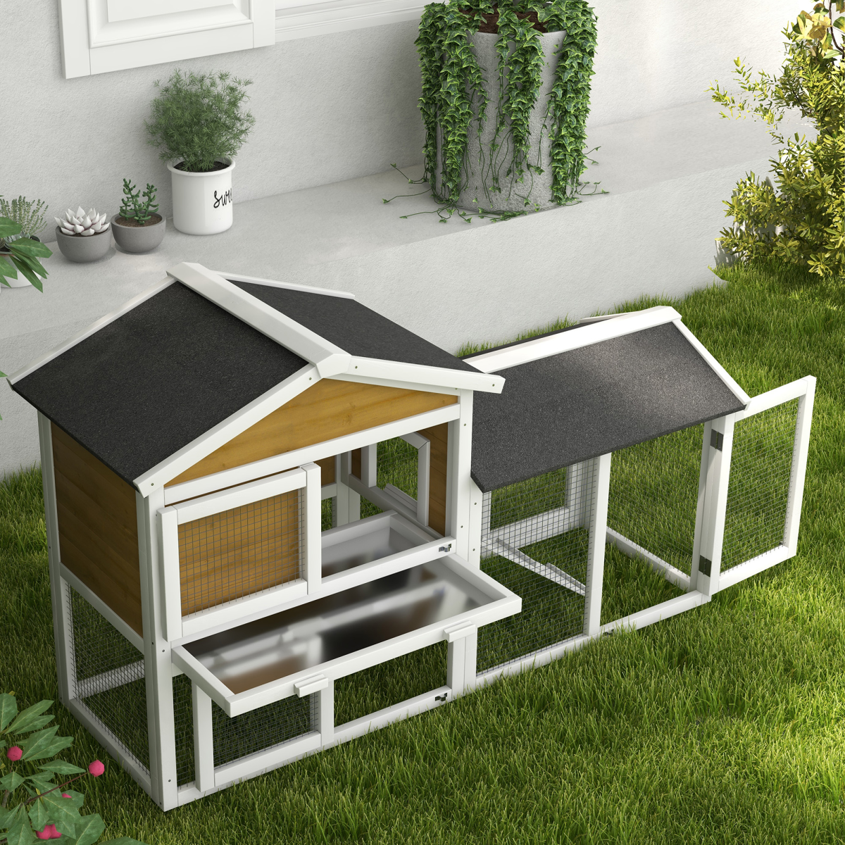 2-Storey Wooden Rabbit Hutch with Run, Slide-Out Tray & Ramp – Indoor/Outdoor Fir Wood Small Animal Cage