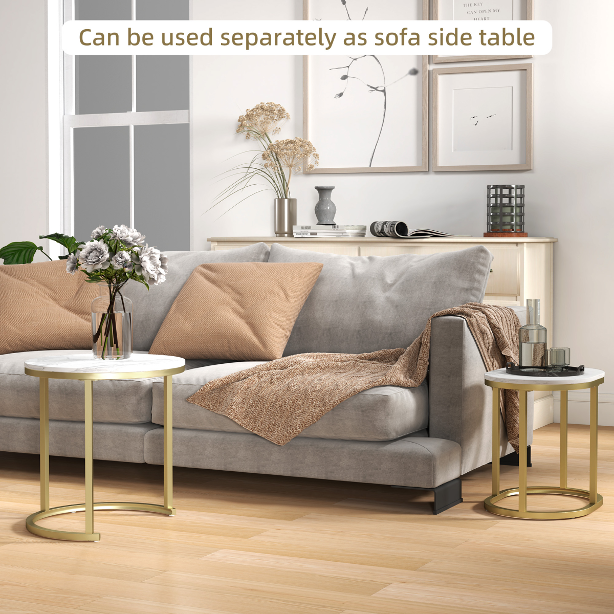 HOMCOM Marble-Effect Side Table Set with Gold Tone Steel Frames – Round & Oblong Accent Tables, White
