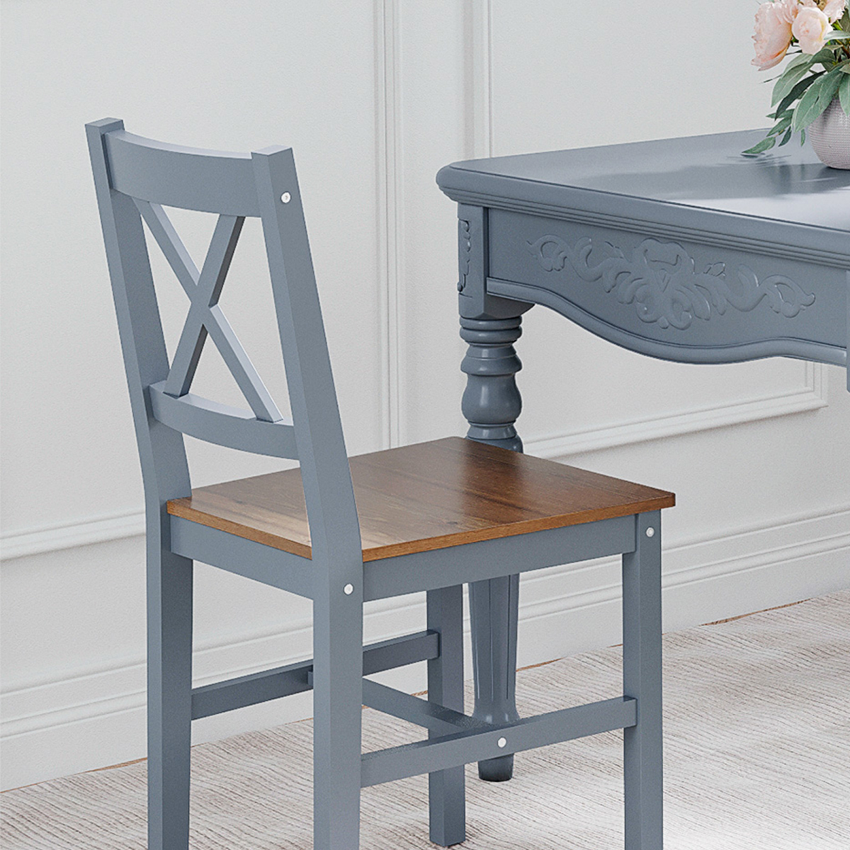 HOMCOM Pine Wood Cross Back Dining Chairs, Set of 2 – Farmhouse Style Kitchen Seating, Grey