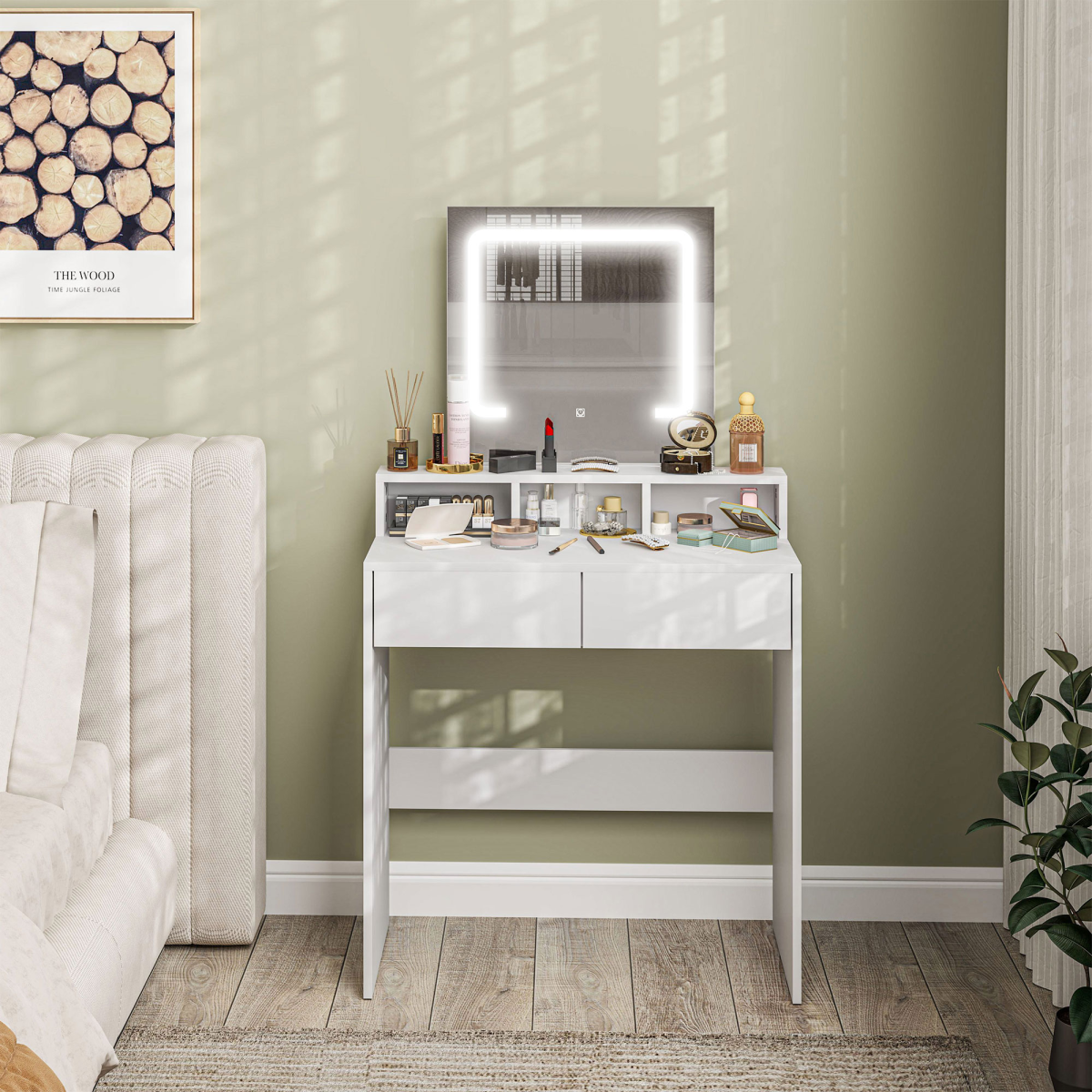 HOMCOM Dressing Table with LED Mirror, 2 Drawers & 3 Open Compartments – Makeup Vanity, White