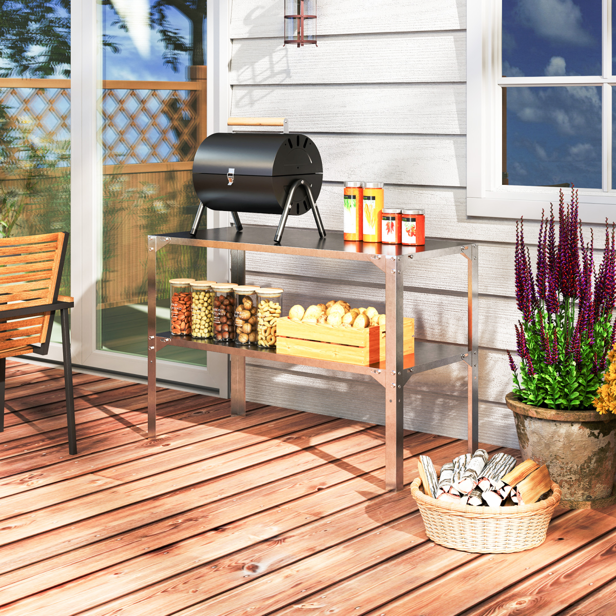 Outsunny 2-Tier Galvanised Steel Potting Bench Table – Garden Work Bench with Storage Shelf, Silver Tone