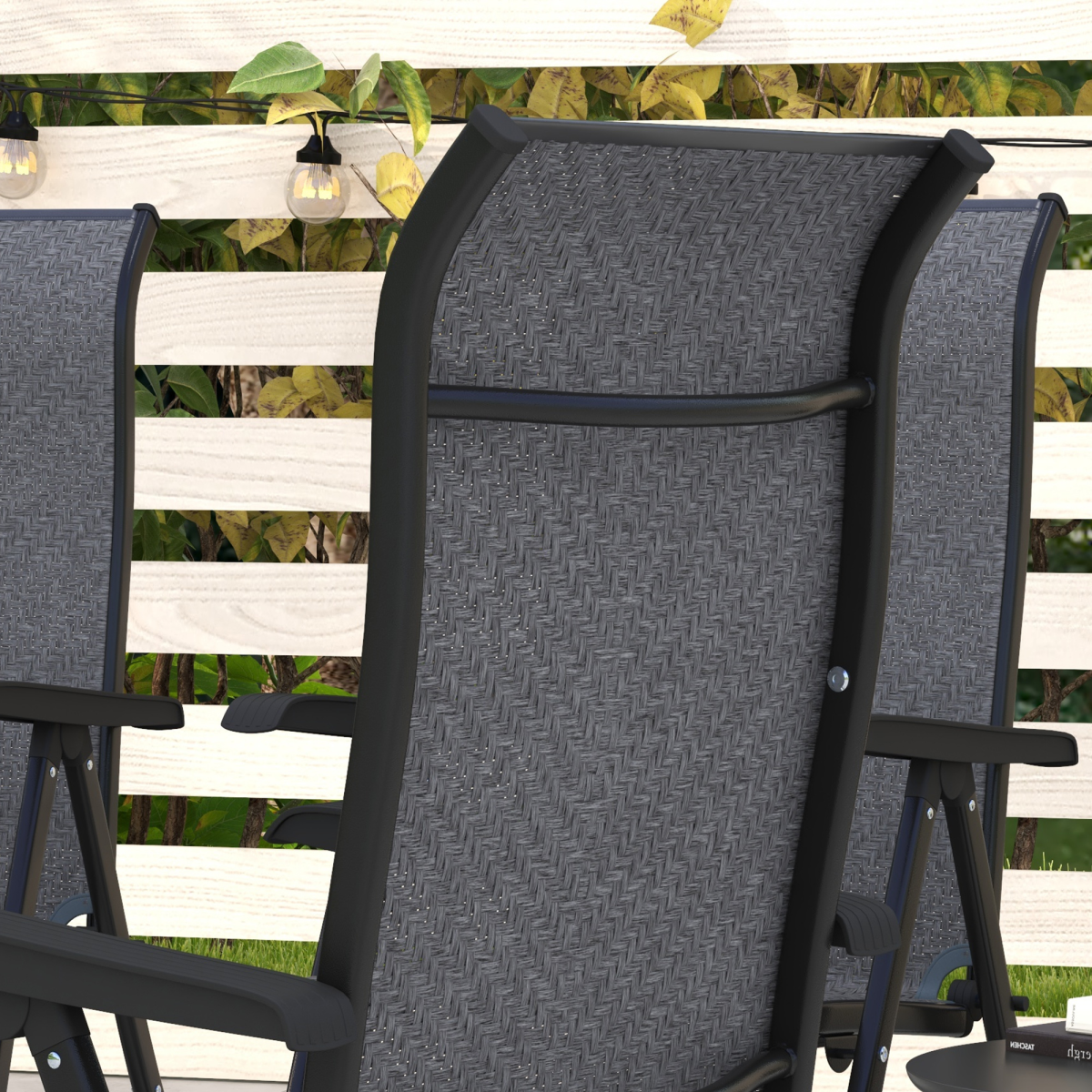 Outsunny 4-Pack Outdoor Rattan Folding Chairs with 7-Position Adjustable Backrest – Steel Frame Garden Seating, Grey/Black