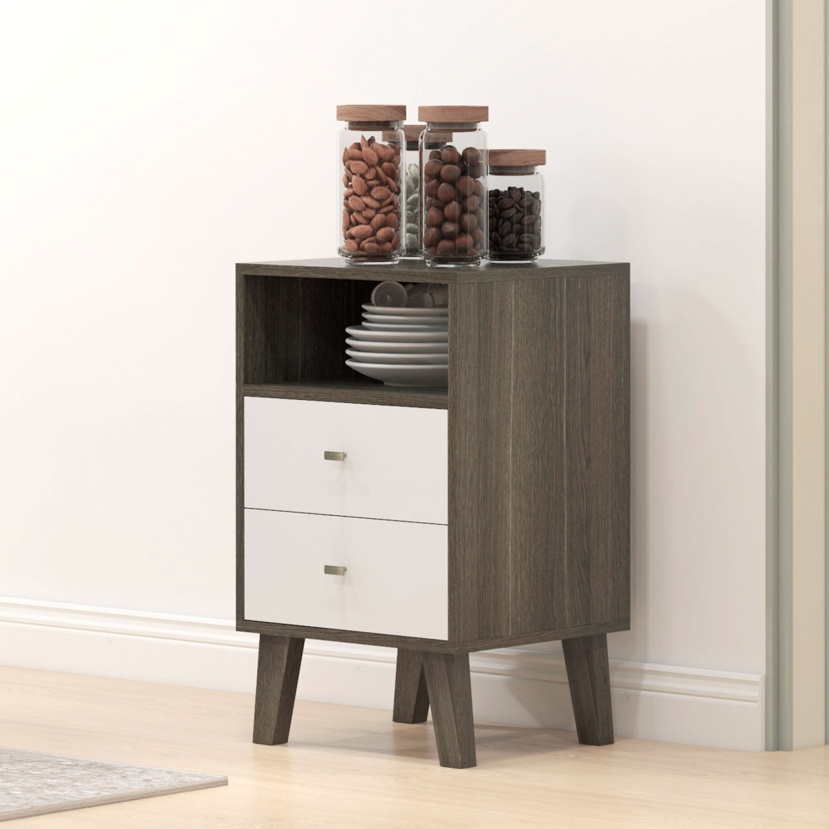 HOMCOM Modern Bedside Tables Set of 2 with 2 Drawers & Open Cubby – Scandinavian-Industrial Nightstands