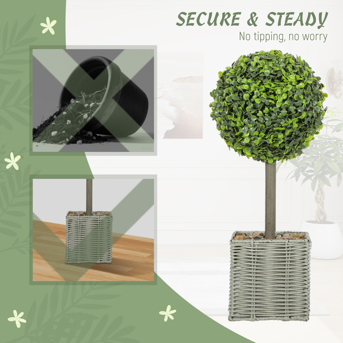 HOMCOM Set of 2 Artificial Plants, 50cm Faux Boxwood Topiary Balls, Green