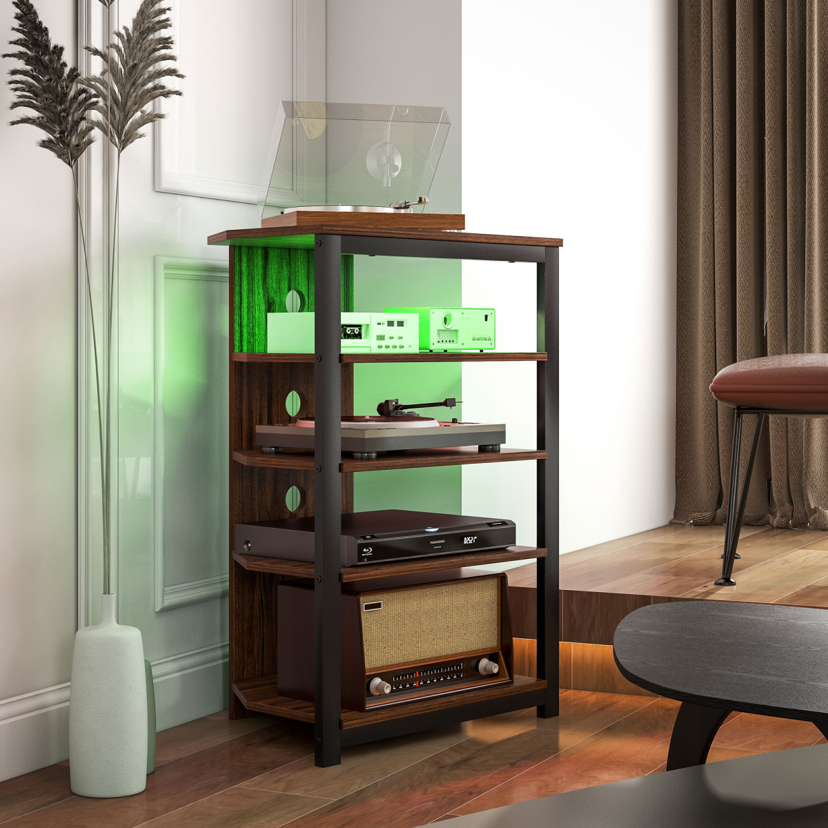 Corner TV Stand with RGB LED Lights & 4 Shelves – Space-Saving Gaming & Media Unit, Chestnut Brown