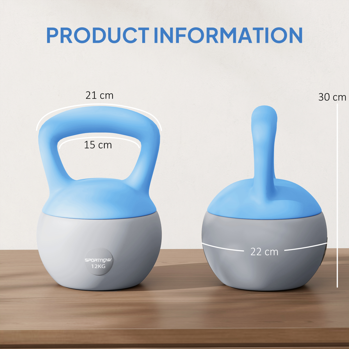 12kg Soft Kettlebell with Non-Slip Ergonomic Handle & Flat Base – Home Gym Weight, Light Blue & Grey