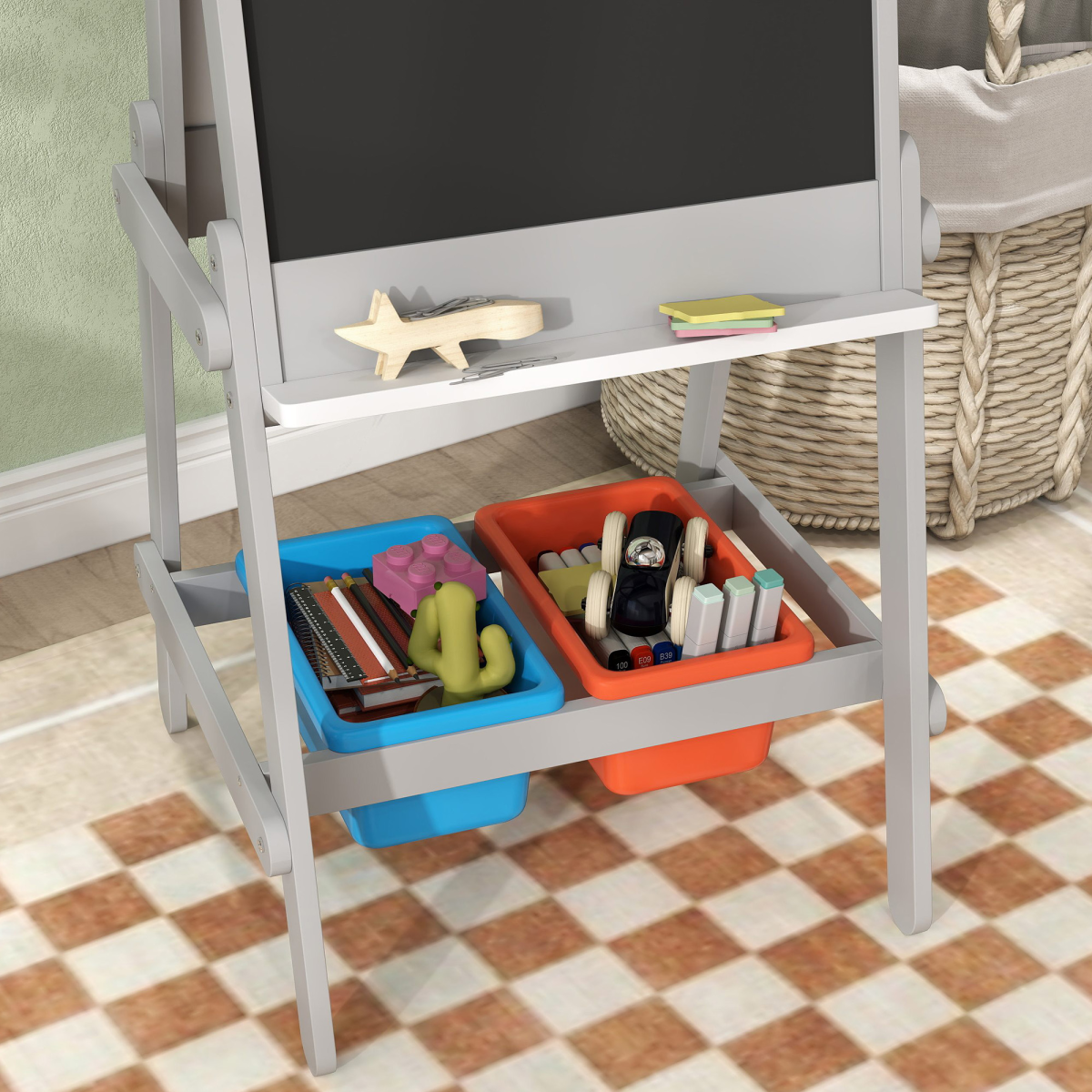 AIYAPLAY 3-in-1 Double-Sided Kids Art Easel with Paper Roll, Storage Boxes & Pen Holder – Grey
