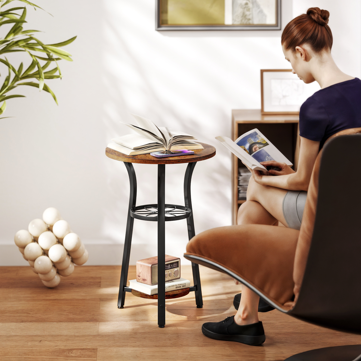 HOMCOM 3-Tier Round Side Table, 38 cm Industrial End Table with Metal Legs – Compact, Rustic Brown