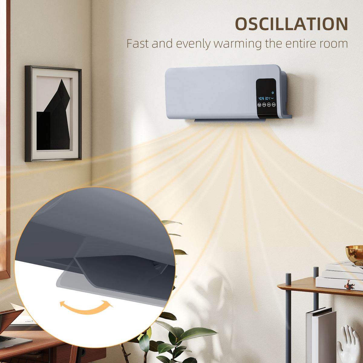 HOMCOM 2000W Wall-Mounted Ceramic Heater with Remote Control – Oscillating, 12-Hour Timer, LED Display, Grey