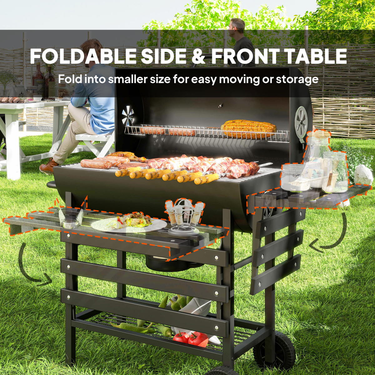 Outsunny Charcoal BBQ Grill with Warming Rack, Thermometer and Foldable Side Tables on Wheels – Garden Barbecue, Black