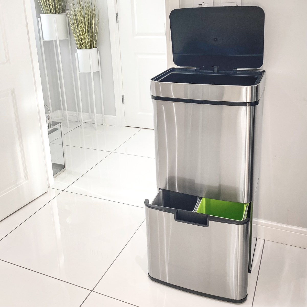 HOMCOM 3-Compartment Motion Sensor Recycling Bin with Removable Lid – Stainless Steel Kitchen Waste Sorter