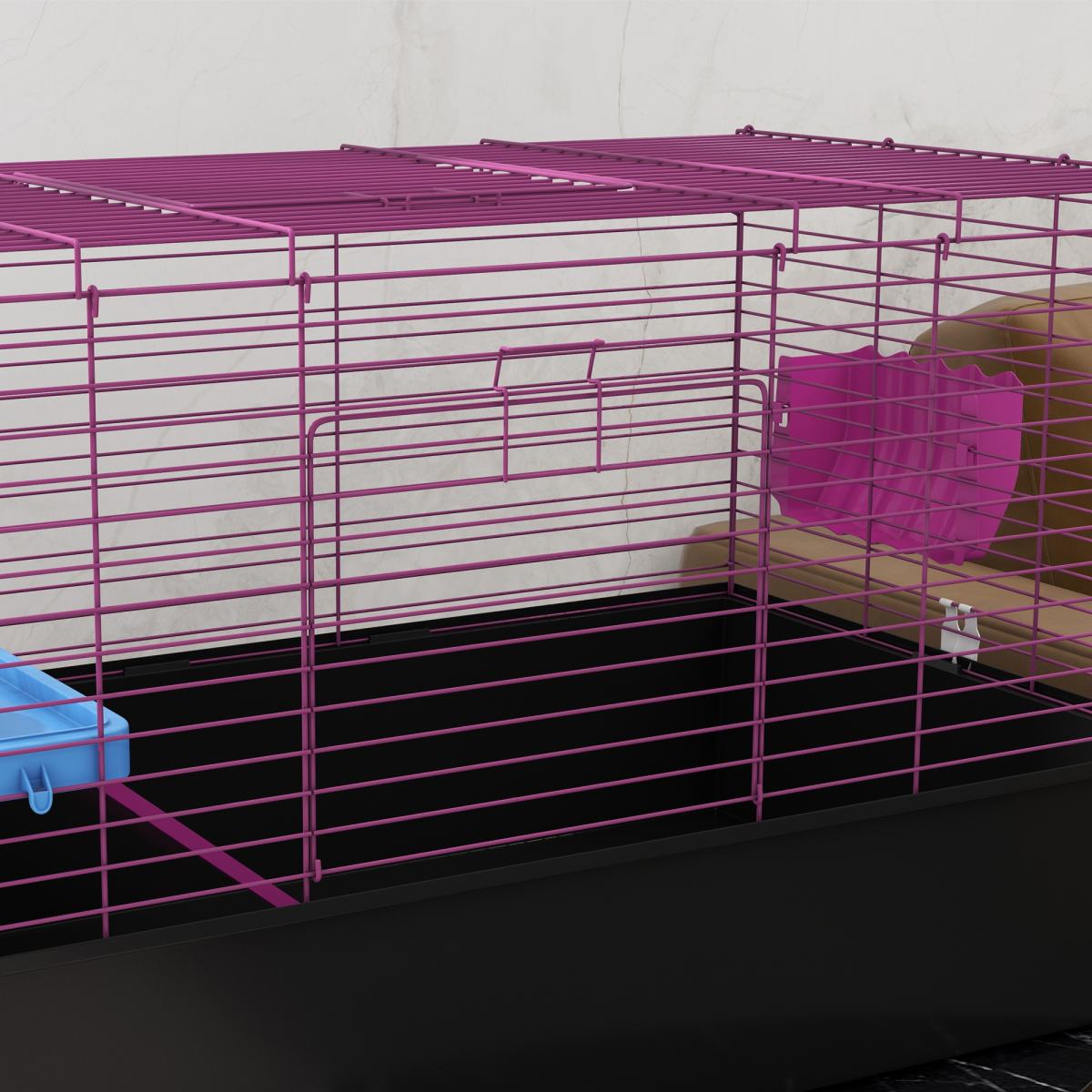 PawHut Small Animal Cage with Platform, Ramp and Hay Feeder – Rabbit and Guinea Pig Hutch Playhouse, Black