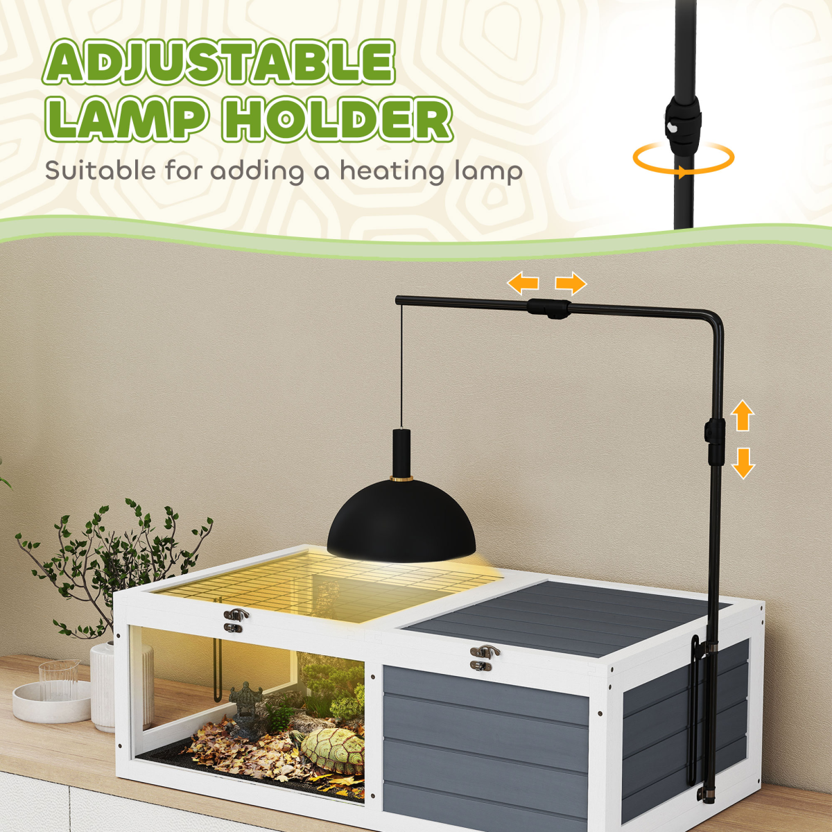 Wooden Tortoise House with Run, Adjustable Lamp Holder, Hide Box & Double Trays – Grey & White