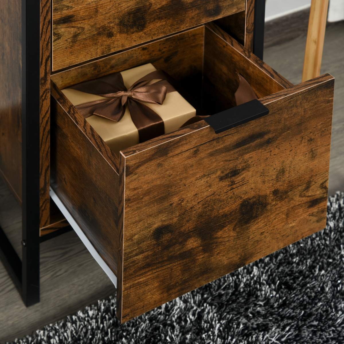 HOMCOM Industrial 3-Drawer Storage Chest with Metal Frame – Rustic Wood-Effect Chest of Drawers, Brown