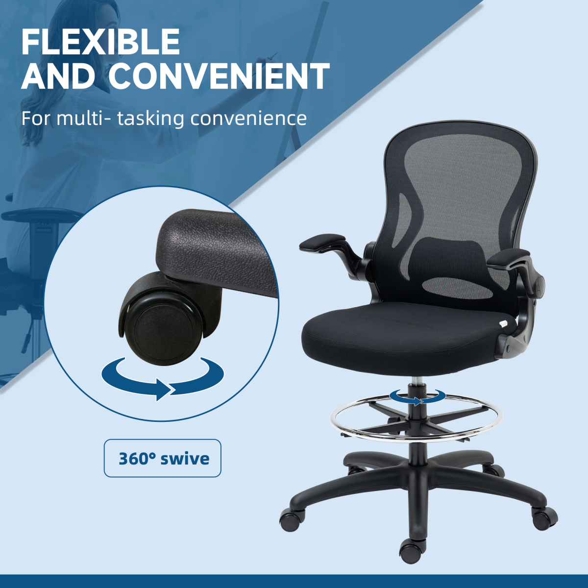 Vinsetto Tall Draughtsman Chair with Flip-Up Arms & Footrest Ring – Drafting Stool, Black