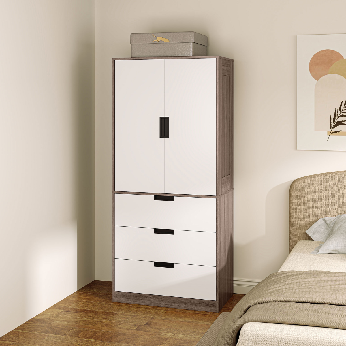 HOMCOM 2-Door Wardrobe with 3 Drawers & Hanging Rail – Bedroom Storage, Brown & White
