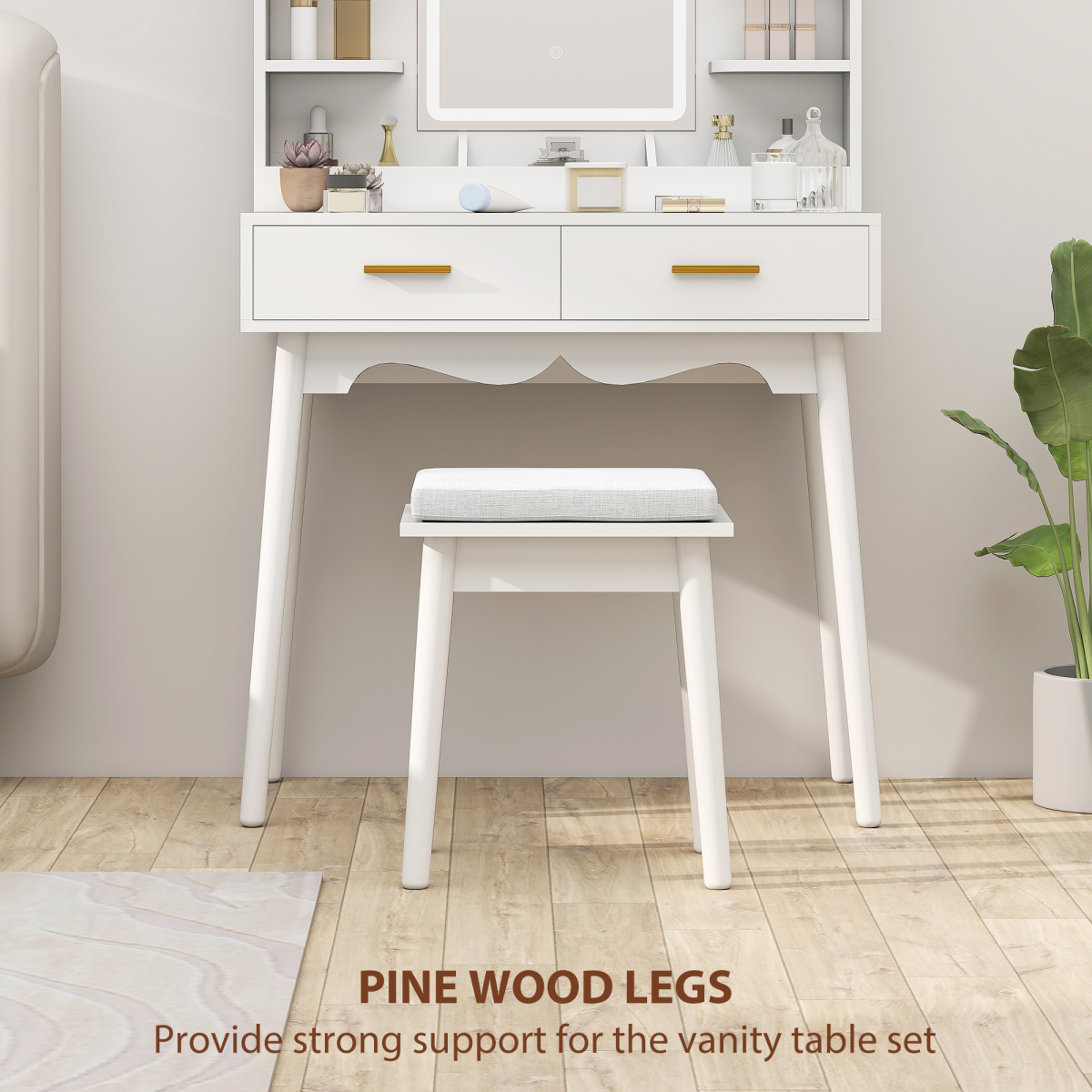 HOMCOM Dressing Table Set with LED Lighted Mirror, 2 Drawers, 4 Shelves & Cushioned Stool – White and Gold