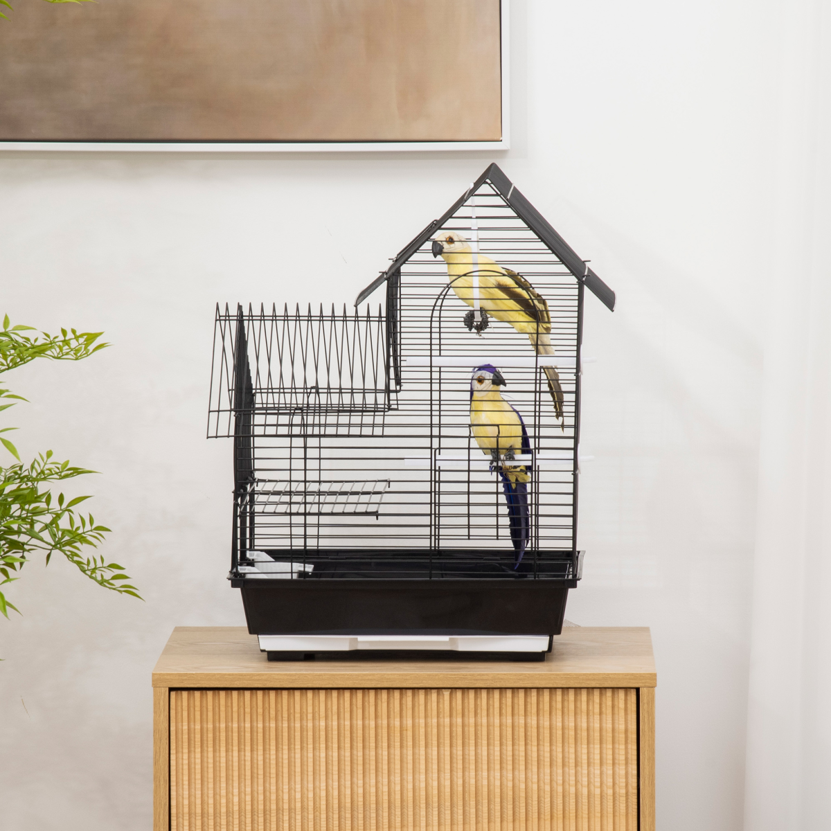 PawHut Metal Bird Cage with Plastic Perch, Food Container, Swing Ring and Handle – Compact Cage, Black