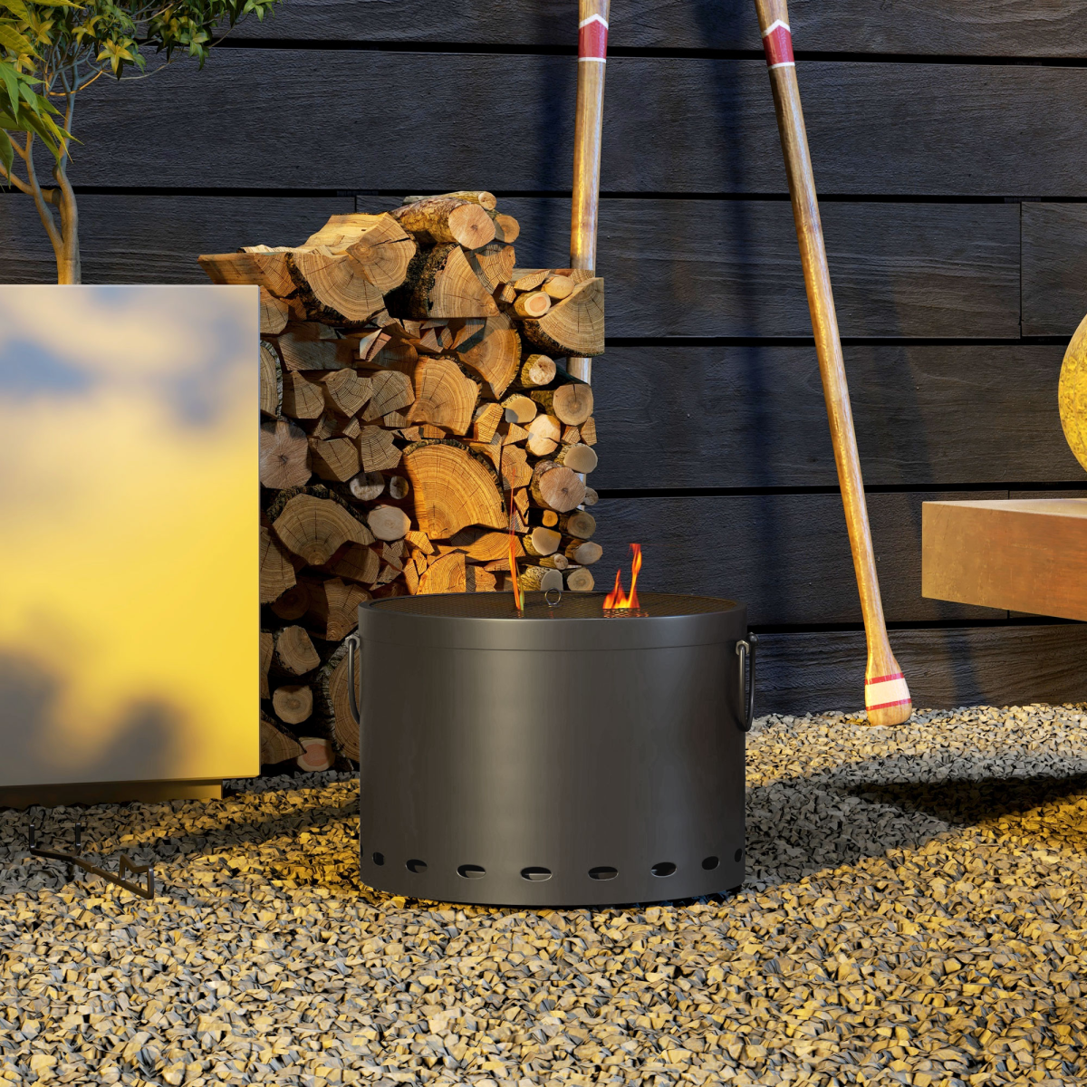 Outsunny 38cm Smokeless Wood-Burning Fire Pit with Lid and Poker – Portable Metal Patio Firepit, Grey