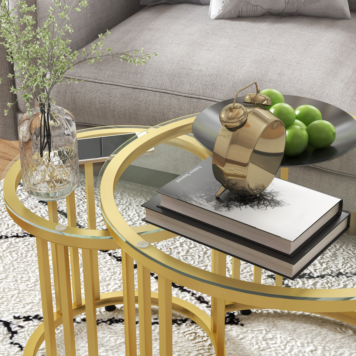 HOMCOM Set of 2 Round Nesting Coffee Tables with Tempered Glass Tops – Space-Saving Gold Tone Side Tables