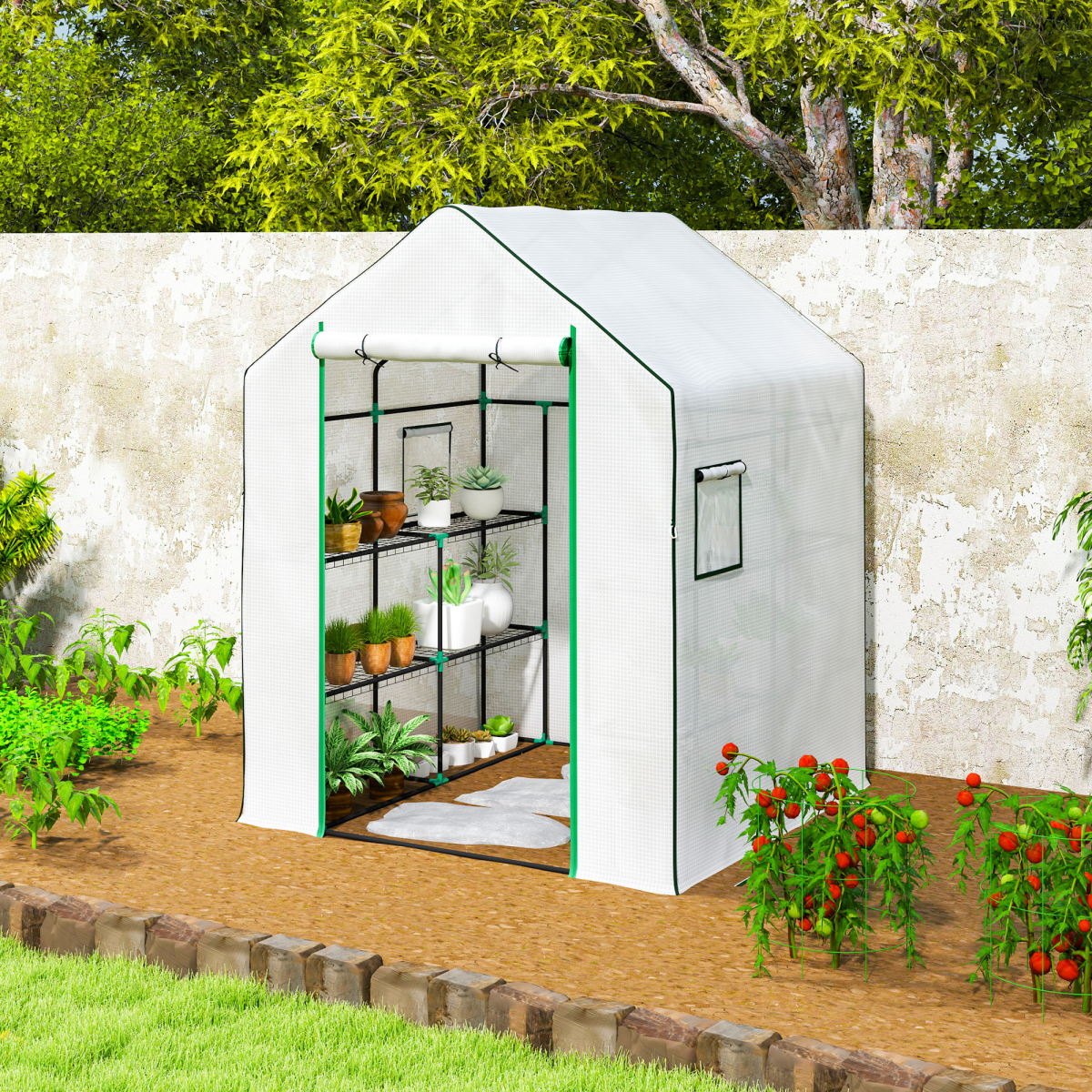 Outsunny Walk-in Greenhouse with 8 Wire Shelves, Roll-up Door & Mesh Windows – Outdoor Plant House, White
