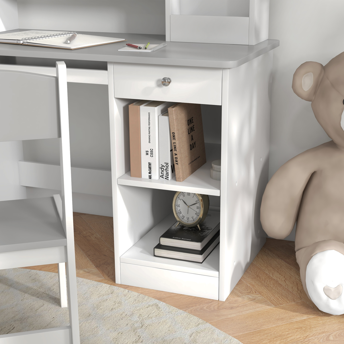 ZONEKIZ Kids Desk and Chair Set with Storage Shelves & Drawer – Study Furniture for 5-8 Years, Grey