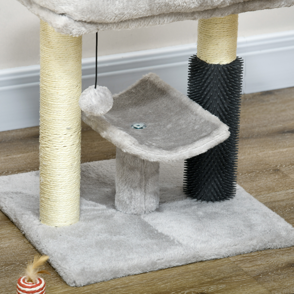 PawHut Small Cat Tree Tower with Sisal Scratching Posts, Bed, Perch, Self-Groomer and Toy – Grey