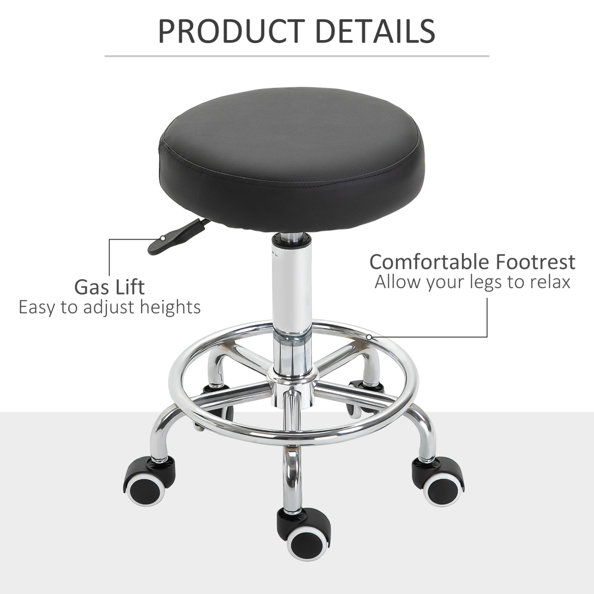 Outsunny Adjustable Salon Stool with PU Leather Seat and Footrest – Backless Saddle Stool on 5 Castors