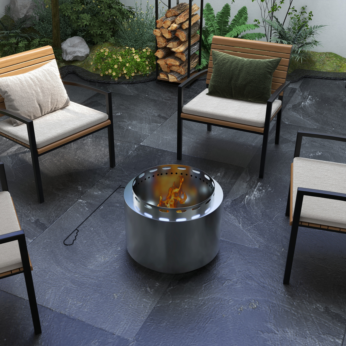 Outsunny Smokeless Wood Burning Fire Pit with Secondary Combustion & Poker, 48.5cm Stainless Steel – Garden Patio Heater, Silver