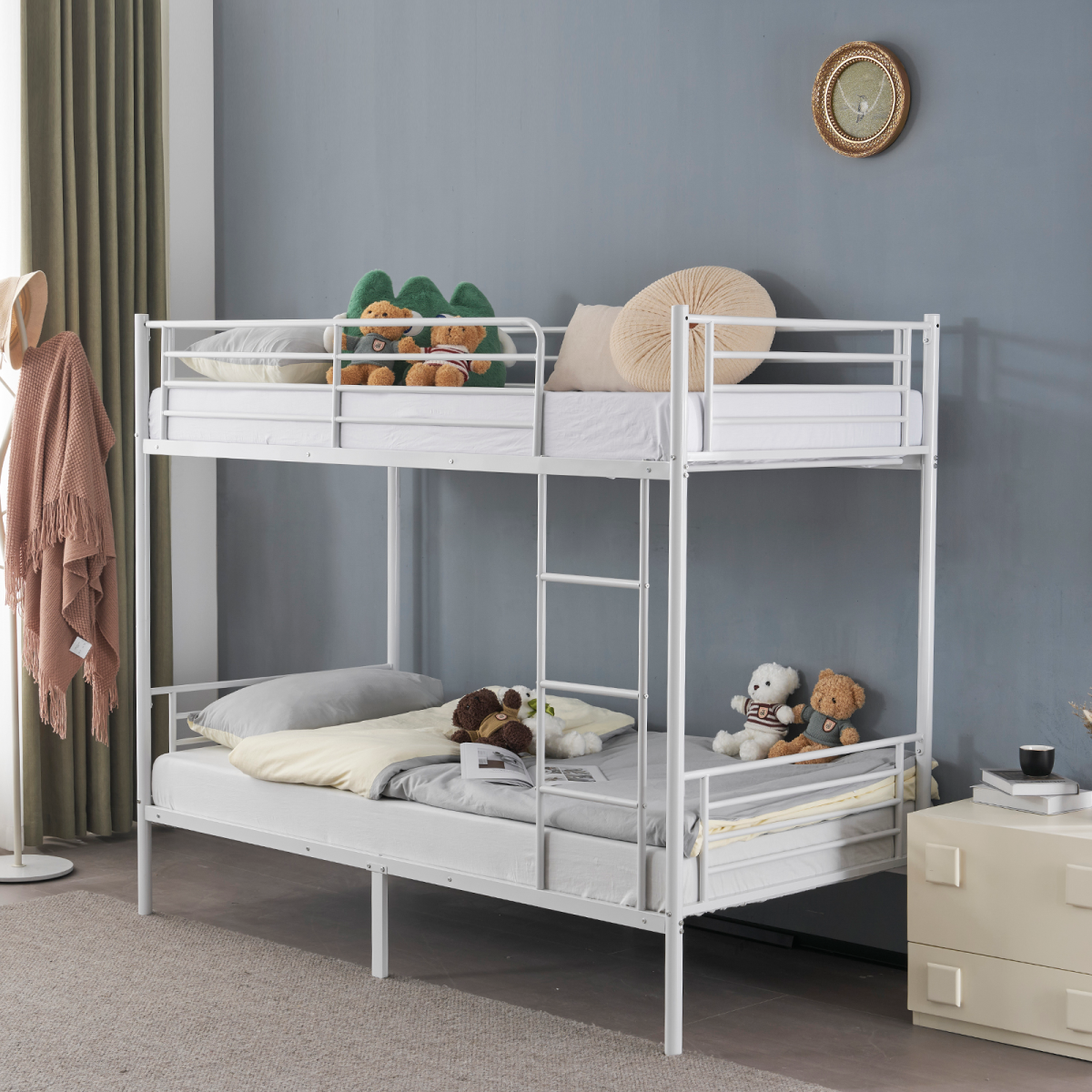 Twin Over Twin Metal Bunk Bed with Ladder, Full-Length Guard Rail & Under-Bed Storage – White