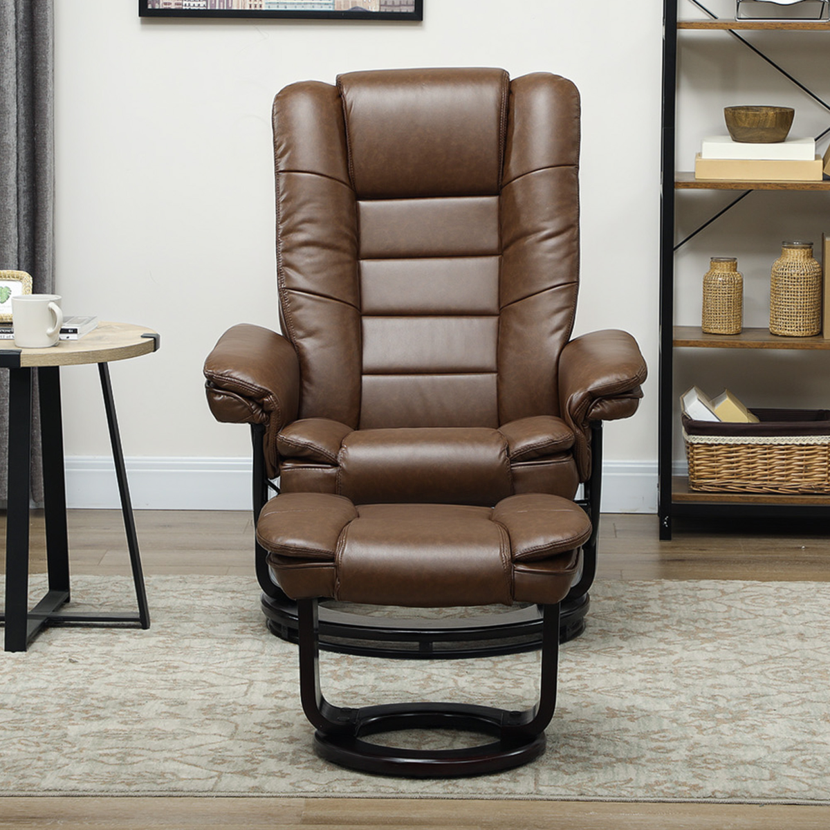 Swivel Recliner Chair with Footstool, 135° Reclining Back & Faux Leather – Padded Armchair Set, Dark Brown