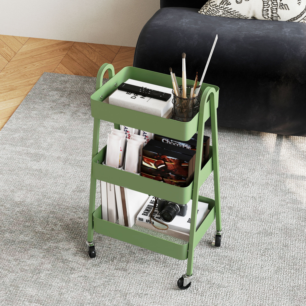 HOMCOM 3-Tier Rolling Utility Cart with Mesh Trays – Kitchen Storage Trolley, Green