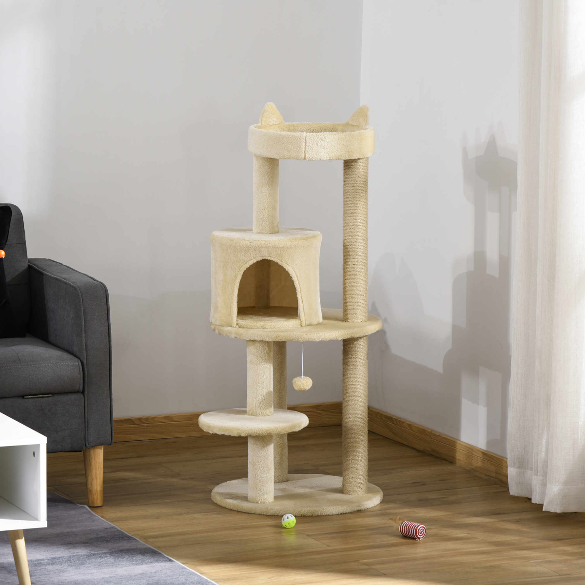 Pawhut 3-Tier Deluxe Cat Tree with Scratching Posts, Hide-Away House & Play Ball – Activity Tower, Beige