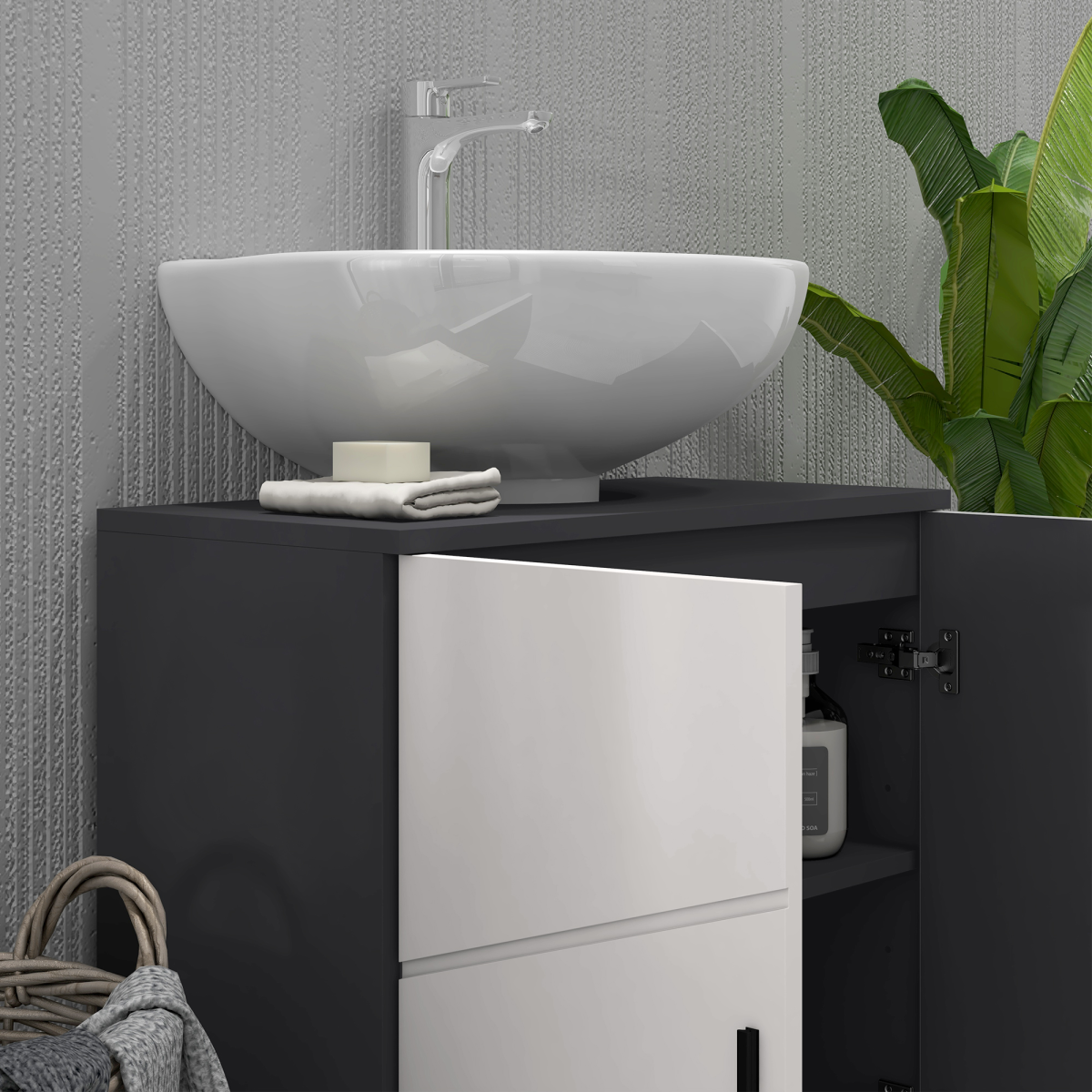 kleankin Pedestal Sink Bathroom Vanity Unit with Shelf and Soft-Close Doors – U-Shape Slot Cabinet, Light Grey