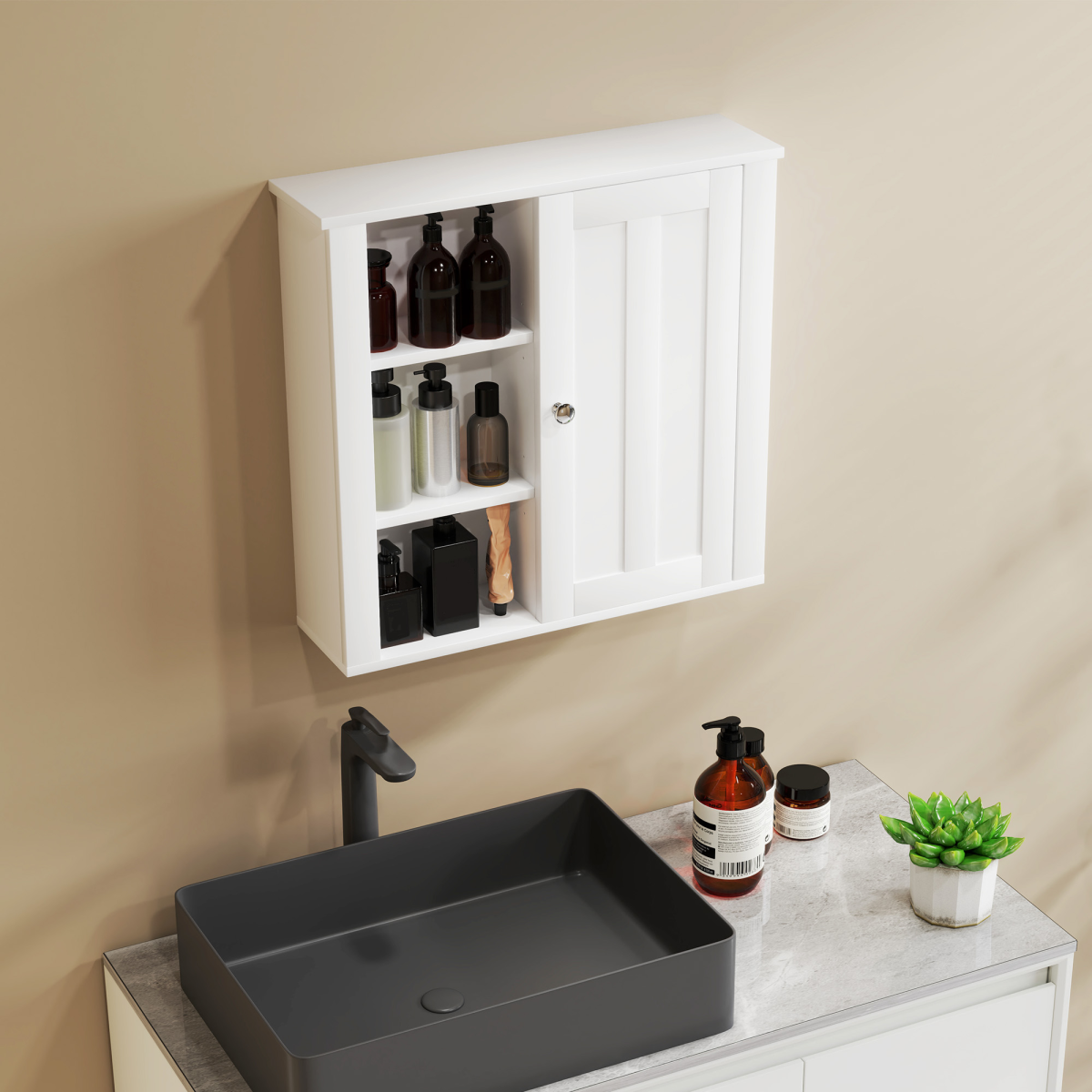 HOMCOM Modern Wall-Mounted Bathroom Cabinet with Adjustable Shelves and Open Side Storage – Space-Saving, White