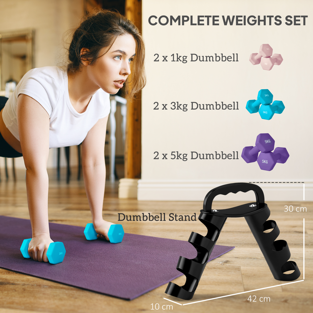 Dumbbell Set with Storage Rack, 18kg Total (2 x 1kg, 2 x 3kg, 2 x 5kg) – Home Gym Hand Weights, Pink, Blue & Purple