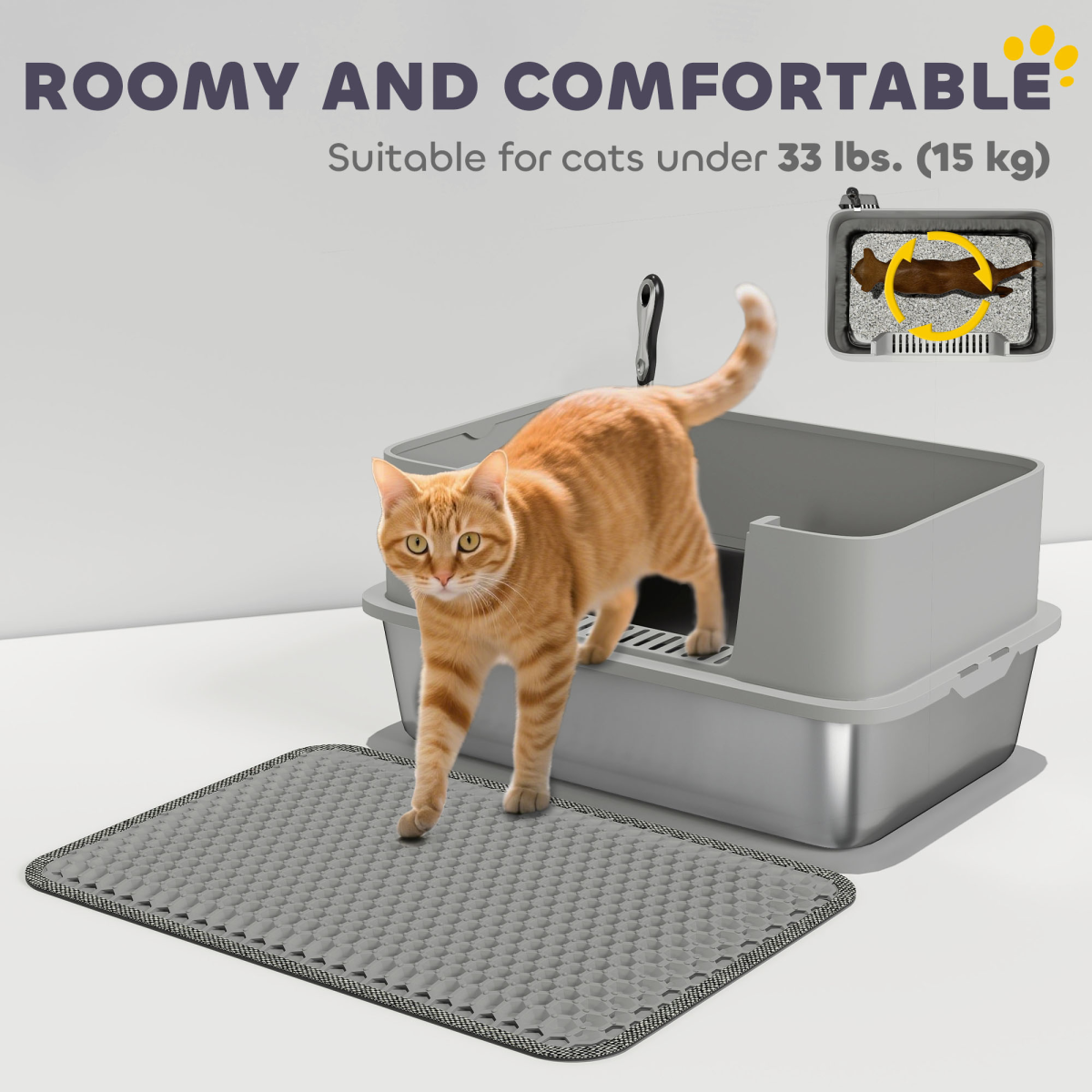 PawHut Stainless Steel Cat Litter Box with Scoop, High Sides & Snap-Lock Lid – Litter Tray for Cats up to 15kg, Grey
