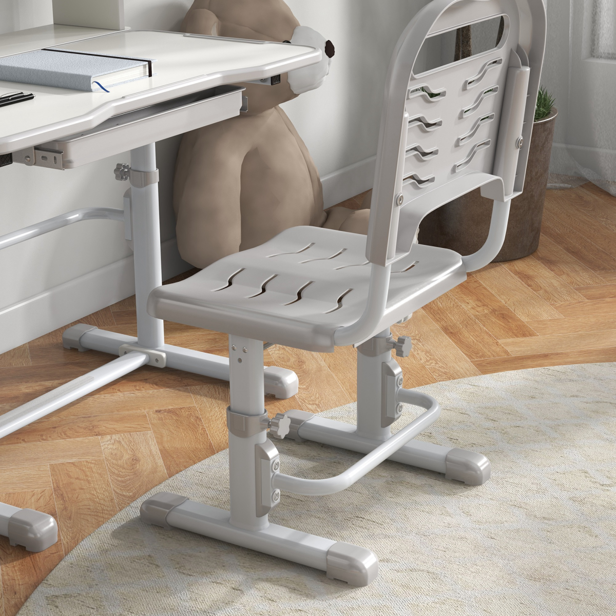 ZONEKIZ Height Adjustable Kids Desk and Chair Set with Drawer & Bookshelf – Tilting Study Desk, Grey
