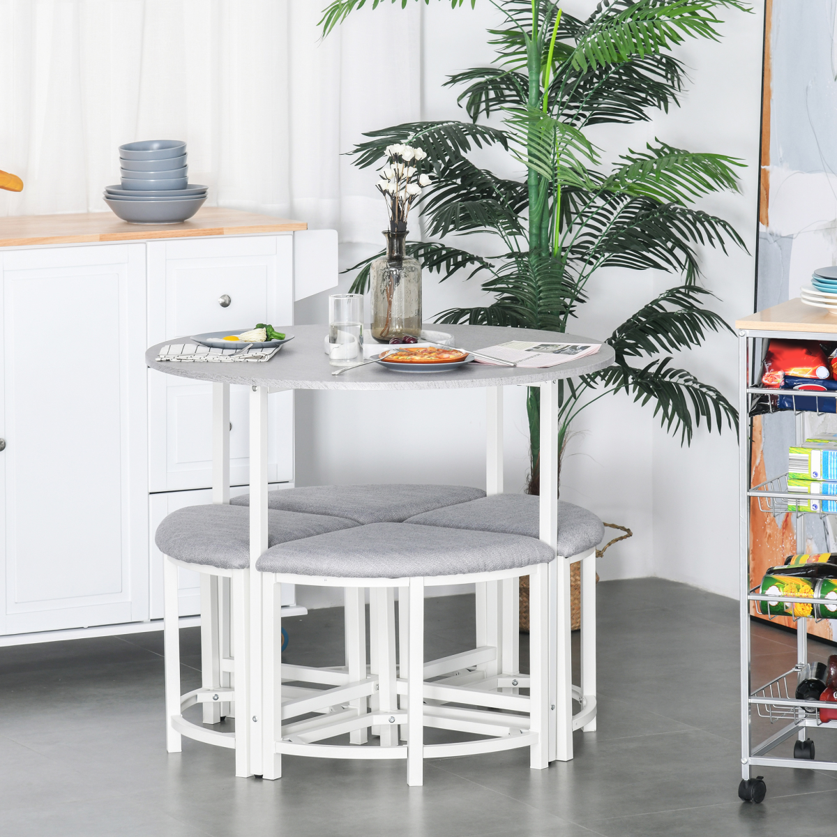 Modern Round Dining Table Set with 4 Upholstered Triangle Stools – Space-Saving, 90cm Diameter