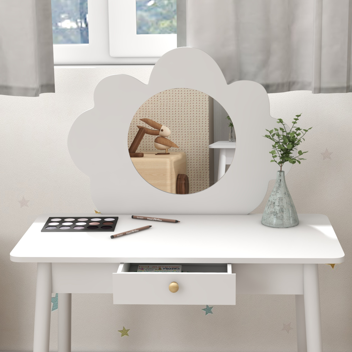 AIYAPLAY Kids Dressing Table with Mirror, Stool and Storage Drawer – Cloud Design Play Vanity Set, White
