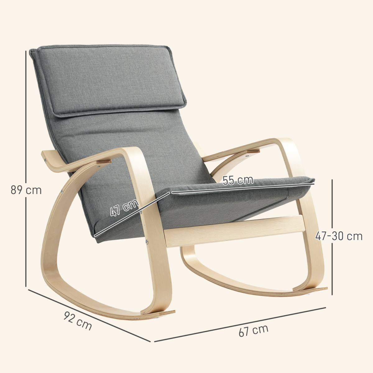 Rocking Chair with High Back, Headrest & Curved Wooden Frame – Linen-Feel Upholstered Armchair, Grey
