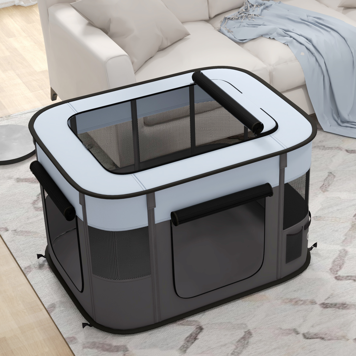 PawHut Portable Foldable Pet Playpen with Mesh Windows & Storage Bag – Dog, Rabbit & Kitten Run, Grey, 94cm