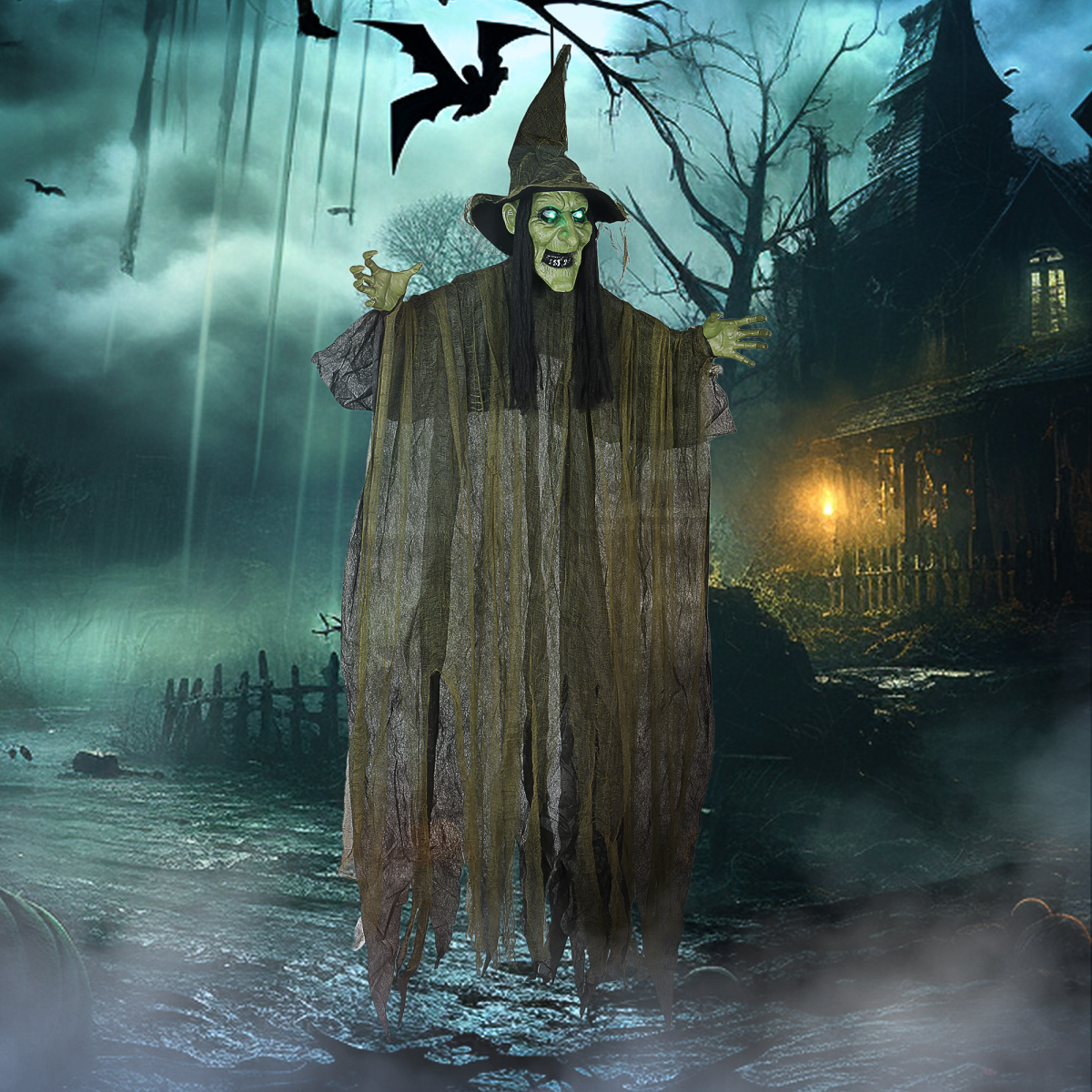 Outsunny Voice Activated Halloween Animatronic Hanging Witch – 170 cm Life-Size Decoration, Green